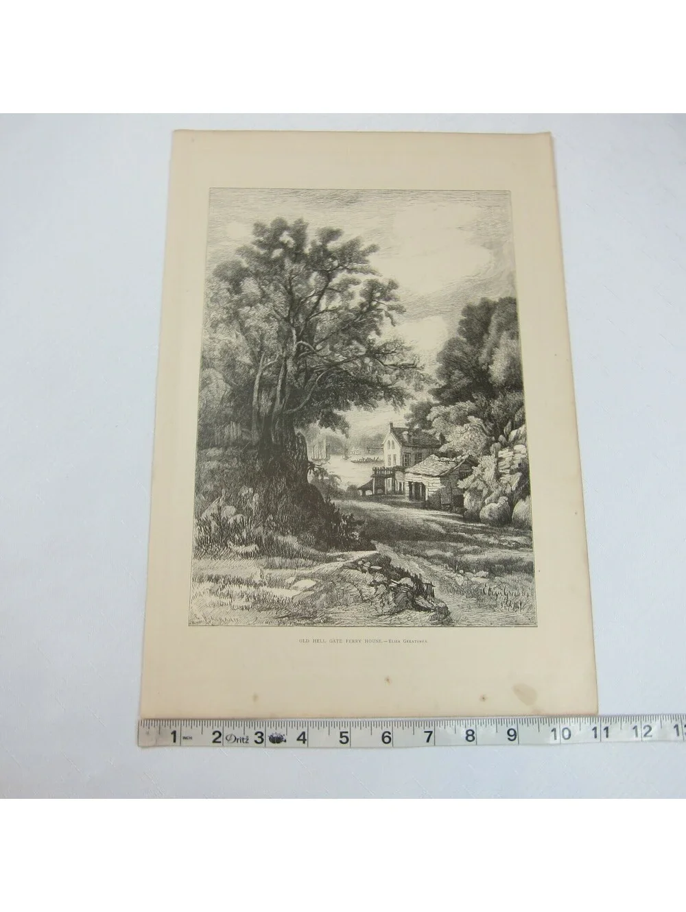 Antique 1873 Wood Engraving Print Old Hell Gate Ferry House by Eliza Greatorex